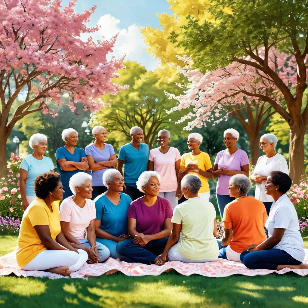 A heartwarming illustration of diverse cancer survivors gathering in a serene park, sharing stories and support, with blooming flowers and vibrant trees around them. Show an uplifting atmosphere with soft sunlight illuminating their faces, symbolizing hope and resilience. Include elements like supportive banners or health resources in the background. vibrant colors. super-realistic.