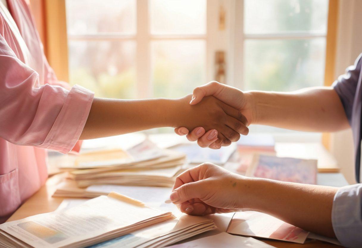 A compassionate cancer survivor holding hands with a healthcare professional, surrounded by educational materials like pamphlets and books about cancer care. In the background, a diverse group of people joining a support group, displaying unity and hope. Soft sunlight filtering through a window, symbolizing hope and recovery. watercolor style. warm colors. uplifting atmosphere.