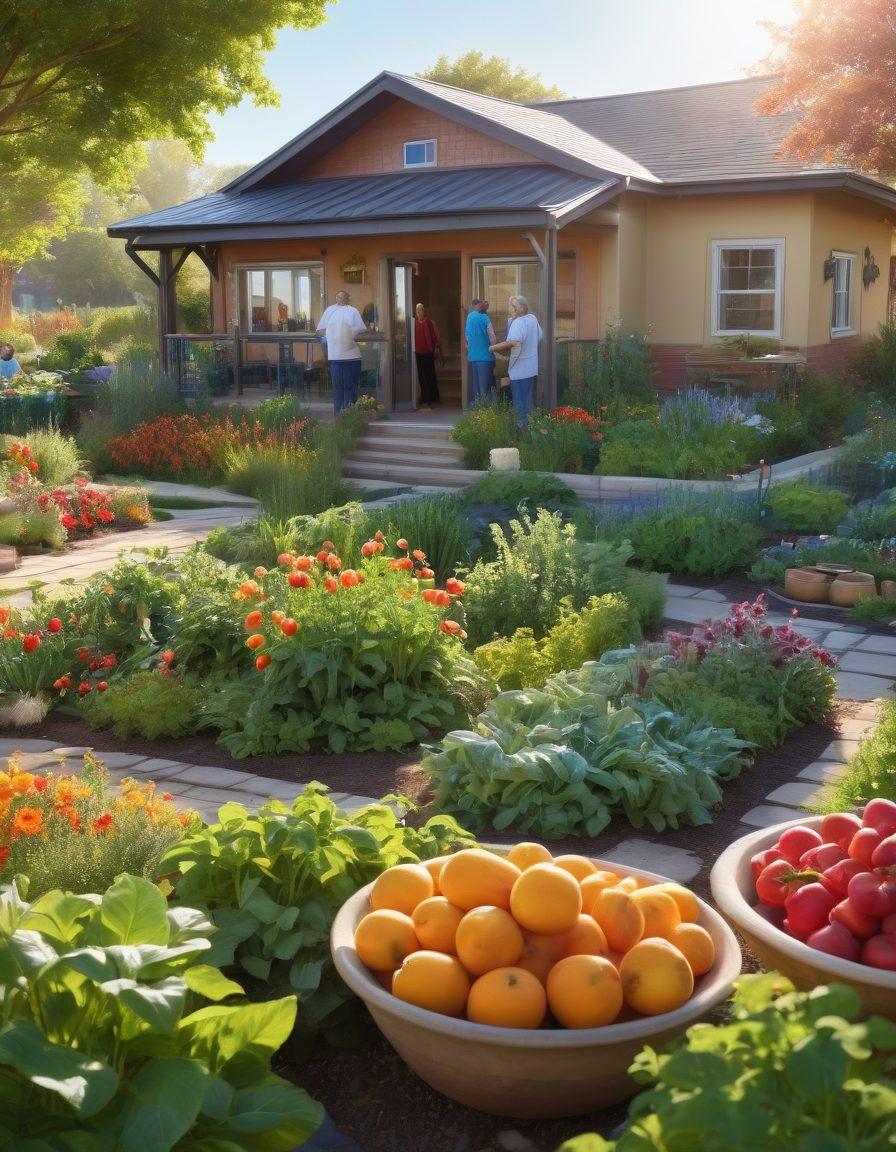 A serene landscape depicting a diverse group of cancer survivors engaged in a vibrant community garden, showcasing fresh fruits and vegetables symbolizing nutrition. Surrounding them are healthy recipes and wellness tips on floating leaves, representing mental health awareness. In the background, a community center stands as a supportive gathering place, bathed in warm sunlight. The scene embodies hope, resilience, and community support. super-realistic. vibrant colors. warm tones.